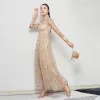 Vintage / Retro See-through Champagne Evening Dresses  2019 A-Line / Princess High Neck Long Sleeve Glitter Sequins Ankle Length Ruffle Formal Dresses