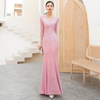 Betaalbare Candy Roze Avondjurken 2019 Trompet Zeemeermin V Hals 3 4 Mouwen Glans Polyester Lange Ruglooze Gelegenheid Jurken