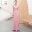 Affordable Candy Pink Evening Dresses  2019 Trumpet / Mermaid V-Neck 3/4 Sleeve Glitter Polyester Floor-Length / Long Backless Formal Dresses