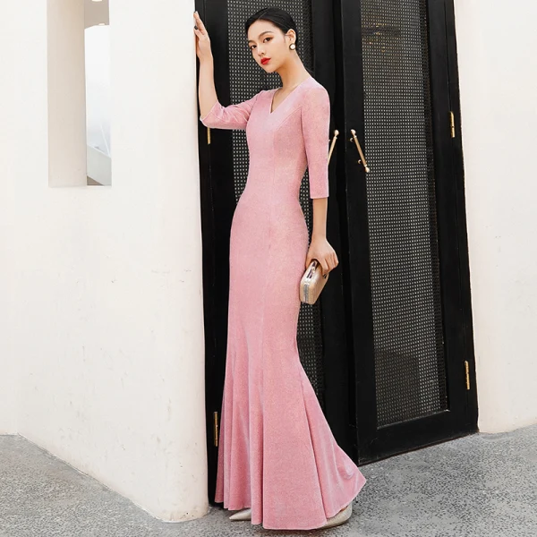 Affordable Candy Pink Evening Dresses 2019 Trumpet / Mermaid V-Neck 3/4 Sleeve Glitter Polyester Floor-Length / Long Backless Formal Dresses