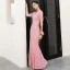 Affordable Candy Pink Evening Dresses  2019 Trumpet / Mermaid V-Neck 3/4 Sleeve Glitter Polyester Floor-Length / Long Backless Formal Dresses