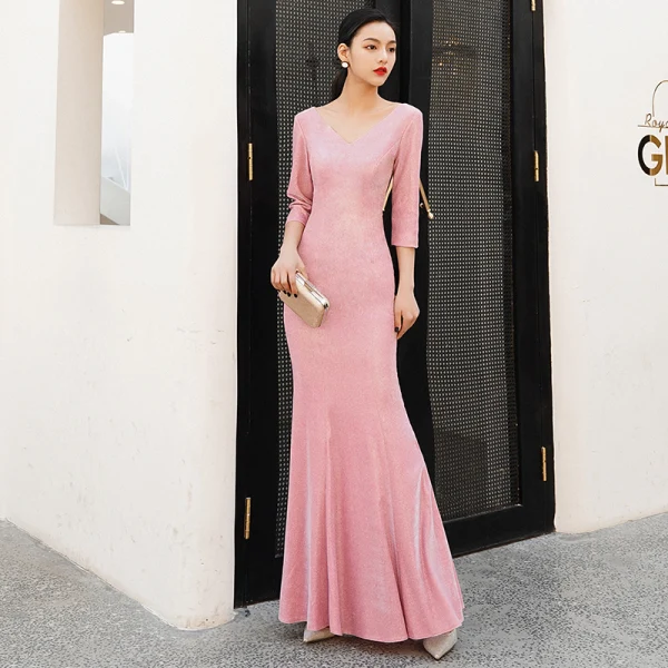 Affordable Candy Pink Evening Dresses 2019 Trumpet / Mermaid V-Neck 3/4 Sleeve Glitter Polyester Floor-Length / Long Backless Formal Dresses