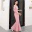 Affordable Candy Pink Evening Dresses  2019 Trumpet / Mermaid V-Neck 3/4 Sleeve Glitter Polyester Floor-Length / Long Backless Formal Dresses