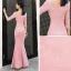Affordable Candy Pink Evening Dresses  2019 Trumpet / Mermaid V-Neck 3/4 Sleeve Glitter Polyester Floor-Length / Long Backless Formal Dresses