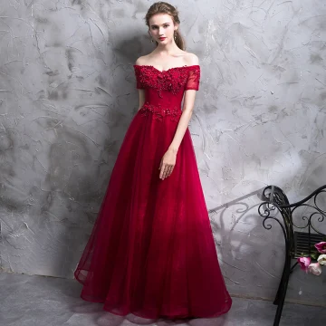 Abordable Bordeaux Robe De Soirée 2019 Princesse De L 039 Épaule Manches Courtes Appliques En Dentelle Cristal Perle Longue Volants Dos Nu Robe De Ceremonie