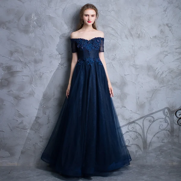 Affordable Burgundy Evening Dresses 2019 A-Line / Princess Off-The-Shoulder Short Sleeve Appliques Lace Crystal Pearl Floor-Length / Long Ruffle Backless Formal Dresses
