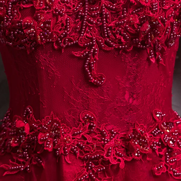 Affordable Burgundy Evening Dresses 2019 A-Line / Princess Off-The-Shoulder Short Sleeve Appliques Lace Crystal Pearl Floor-Length / Long Ruffle Backless Formal Dresses