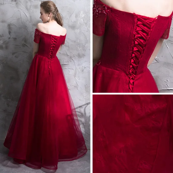 Affordable Burgundy Evening Dresses 2019 A-Line / Princess Off-The-Shoulder Short Sleeve Appliques Lace Crystal Pearl Floor-Length / Long Ruffle Backless Formal Dresses