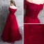 Affordable Burgundy Evening Dresses  2019 A-Line / Princess Off-The-Shoulder Short Sleeve Appliques Lace Crystal Pearl Floor-Length / Long Ruffle Backless Formal Dresses
