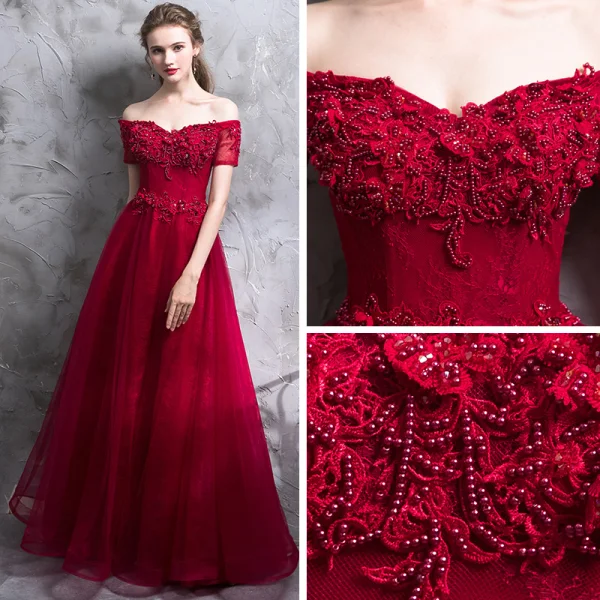 Affordable Burgundy Evening Dresses 2019 A-Line / Princess Off-The-Shoulder Short Sleeve Appliques Lace Crystal Pearl Floor-Length / Long Ruffle Backless Formal Dresses