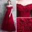 Affordable Burgundy Evening Dresses  2019 A-Line / Princess Off-The-Shoulder Short Sleeve Appliques Lace Crystal Pearl Floor-Length / Long Ruffle Backless Formal Dresses