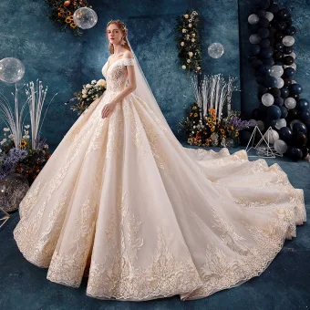Elegant Champagne Wedding Dresses 2019 A Line Princess Off The Shoulder V Neck Short Sleeve Backless Appliques Lace Beading Cathedral Train Ruffle