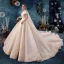 Elegant Champagne Wedding Dresses 2019 A-Line / Princess Off-The-Shoulder V-Neck Short Sleeve Backless Appliques Lace Beading Cathedral Train Ruffle