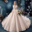 Elegant Champagne Wedding Dresses 2019 A-Line / Princess Off-The-Shoulder V-Neck Short Sleeve Backless Appliques Lace Beading Cathedral Train Ruffle
