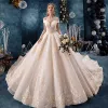 Elegant Champagne Wedding Dresses 2019 A-Line / Princess Off-The-Shoulder V-Neck Short Sleeve Backless Appliques Lace Beading Cathedral Train Ruffle