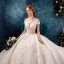 Elegant Champagne Wedding Dresses 2019 A-Line / Princess Off-The-Shoulder V-Neck Short Sleeve Backless Appliques Lace Beading Cathedral Train Ruffle