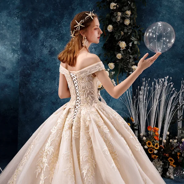 Elegant Champagne Wedding Dresses 2019 A-Line / Princess Off-The-Shoulder V-Neck Short Sleeve Backless Appliques Lace Beading Cathedral Train Ruffle