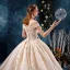 Elegant Champagne Wedding Dresses 2019 A-Line / Princess Off-The-Shoulder V-Neck Short Sleeve Backless Appliques Lace Beading Cathedral Train Ruffle