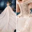 Elegant Champagne Wedding Dresses 2019 A-Line / Princess Off-The-Shoulder V-Neck Short Sleeve Backless Appliques Lace Beading Cathedral Train Ruffle
