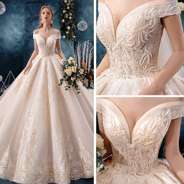 Elegant Champagne Wedding Dresses 2019 A-Line / Princess Off-The-Shoulder V-Neck Short Sleeve Backless Appliques Lace Beading Cathedral Train Ruffle
