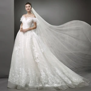 Mejor Marfil Vestidos De Novia 2019 A Line Princess Fuera Del Hombro Manga Corta Sin Espalda Apliques Con Encaje Rebordear Colas De Barrido Ruffle