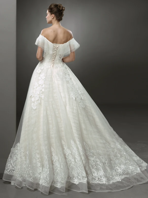 Best Ivory Wedding Dresses 2019 A-Line / Princess Off-The-Shoulder Short Sleeve Backless Appliques Lace Beading Sweep Train Ruffle