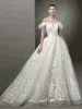 Best Ivory Wedding Dresses 2019 A-Line / Princess Off-The-Shoulder Short Sleeve Backless Appliques Lace Beading Sweep Train Ruffle