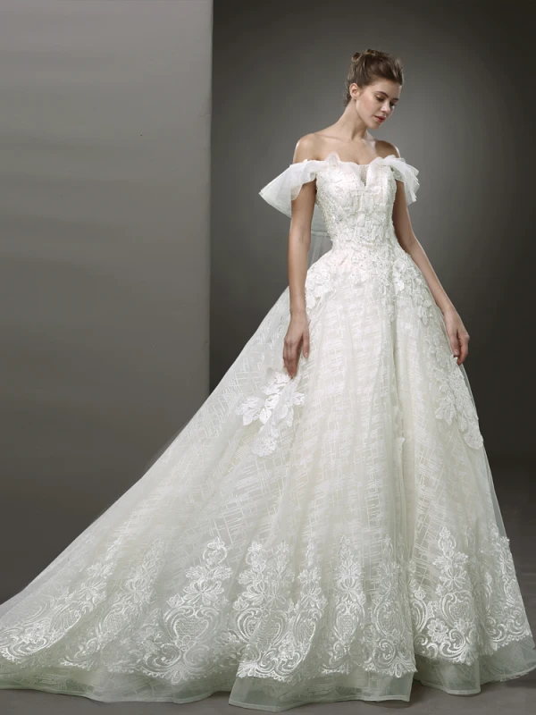 Best Ivory Wedding Dresses 2019 A-Line / Princess Off-The-Shoulder Short Sleeve Backless Appliques Lace Beading Sweep Train Ruffle