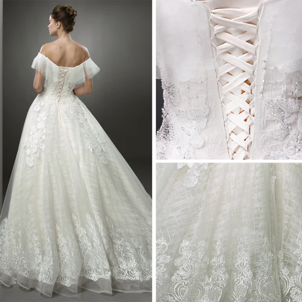 Best Ivory Wedding Dresses 2019 A-Line / Princess Off-The-Shoulder Short Sleeve Backless Appliques Lace Beading Sweep Train Ruffle