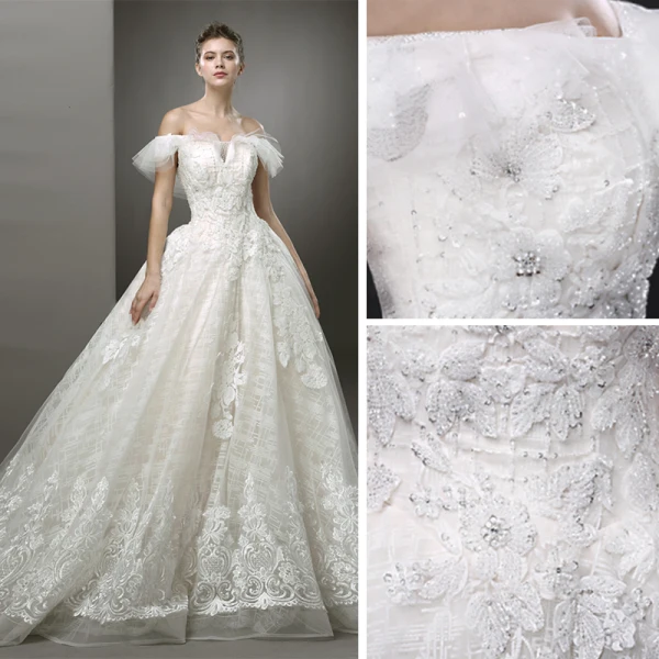 Best Ivory Wedding Dresses 2019 A-Line / Princess Off-The-Shoulder Short Sleeve Backless Appliques Lace Beading Sweep Train Ruffle