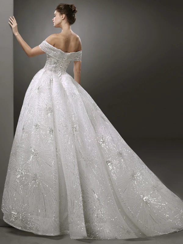 Bling Bling Blanche Robe De Mariée 2019 Princesse De l'épaule Manches Courtes Dos Nu Glitter Tulle Train De Balayage