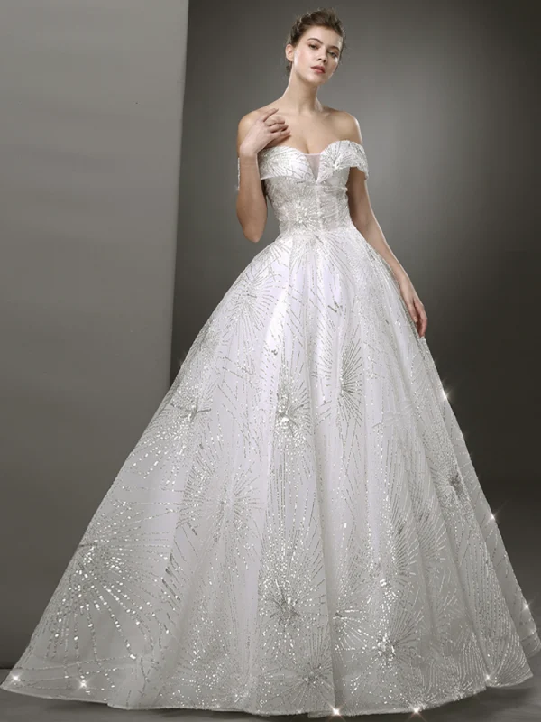 Bling Bling Blanche Robe De Mariée 2019 Princesse De l'épaule Manches Courtes Dos Nu Glitter Tulle Train De Balayage