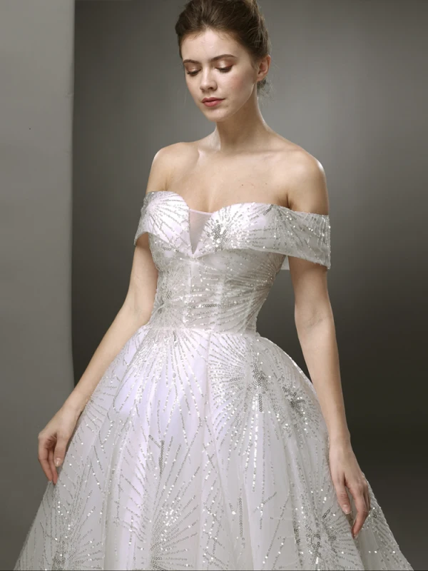 Bling Bling Blanche Robe De Mariée 2019 Princesse De l'épaule Manches Courtes Dos Nu Glitter Tulle Train De Balayage
