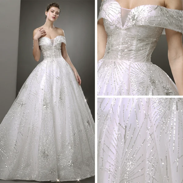 Bling Bling Blanche Robe De Mariée 2019 Princesse De l'épaule Manches Courtes Dos Nu Glitter Tulle Train De Balayage