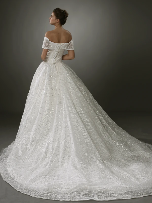 Luxus / Herrlich Ivory / Creme Bling Bling Brautkleider / Hochzeitskleider 2019 A Linie Off Shoulder Kurze Ärmel Rückenfreies Glanz Tülle Hof-Schleppe