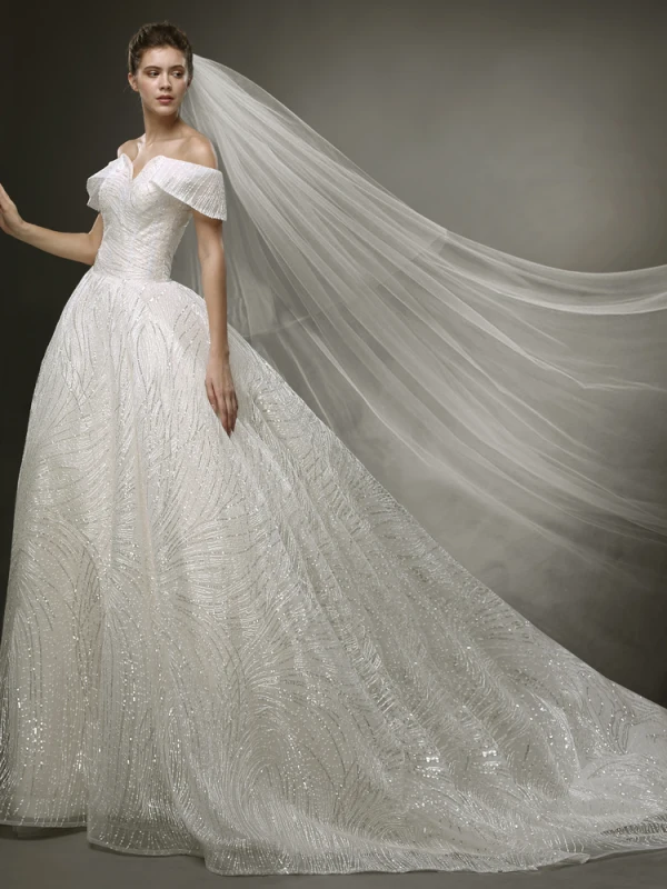 Luxus / Herrlich Ivory / Creme Bling Bling Brautkleider / Hochzeitskleider 2019 A Linie Off Shoulder Kurze Ärmel Rückenfreies Glanz Tülle Hof-Schleppe