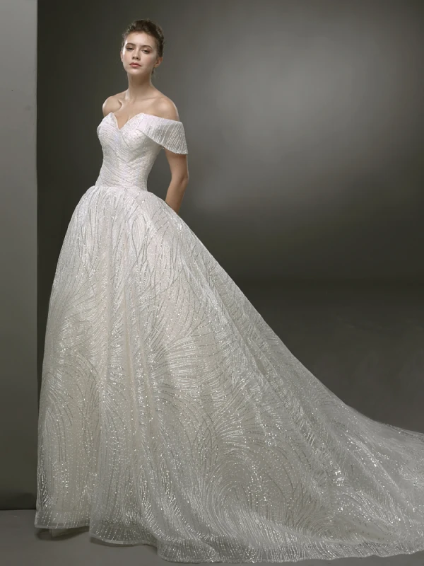 Luxus / Herrlich Ivory / Creme Bling Bling Brautkleider / Hochzeitskleider 2019 A Linie Off Shoulder Kurze Ärmel Rückenfreies Glanz Tülle Hof-Schleppe