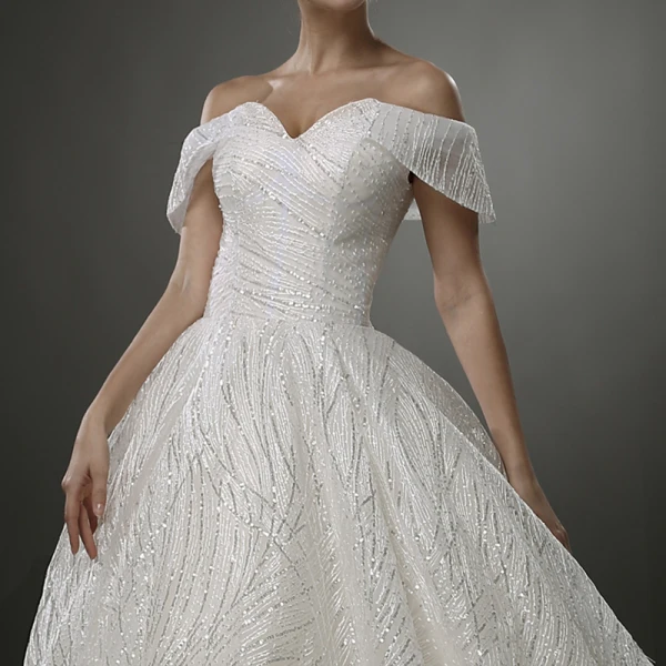 Luxus / Herrlich Ivory / Creme Bling Bling Brautkleider / Hochzeitskleider 2019 A Linie Off Shoulder Kurze Ärmel Rückenfreies Glanz Tülle Hof-Schleppe