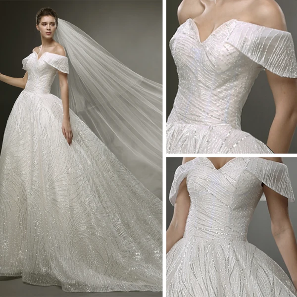 Luxus / Herrlich Ivory / Creme Bling Bling Brautkleider / Hochzeitskleider 2019 A Linie Off Shoulder Kurze Ärmel Rückenfreies Glanz Tülle Hof-Schleppe