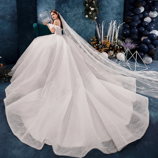 Luxury / Gorgeous Ivory Wedding Dresses 2019 Ball Gown Off-The-Shoulder Short Sleeve Backless Glitter Tulle Chapel Train Ruffle
