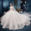 Luxury / Gorgeous Ivory Wedding Dresses 2019 Ball Gown Off-The-Shoulder Short Sleeve Backless Glitter Tulle Chapel Train Ruffle