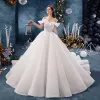 Luxury / Gorgeous Ivory Wedding Dresses 2019 Ball Gown Off-The-Shoulder Short Sleeve Backless Glitter Tulle Chapel Train Ruffle
