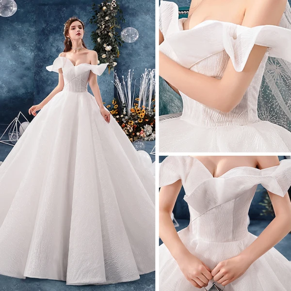 Luxury / Gorgeous Ivory Wedding Dresses 2019 Ball Gown Off-The-Shoulder Short Sleeve Backless Glitter Tulle Chapel Train Ruffle