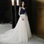 Élégant Bleu Marine Champagne Robe De Soirée 2019 Princesse Bretelles Spaghetti Sans Manches Dos Nu Appliques En Dentelle Fleur Perlage Tribunal Train Volants Robe De Ceremonie