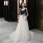 Élégant Bleu Marine Champagne Robe De Soirée 2019 Princesse Bretelles Spaghetti Sans Manches Dos Nu Appliques En Dentelle Fleur Perlage Tribunal Train Volants Robe De Ceremonie