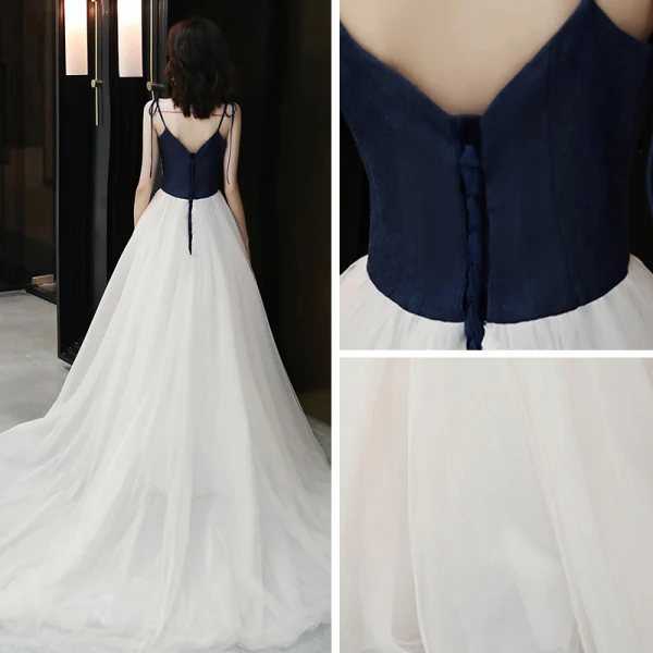 Élégant Bleu Marine Champagne Robe De Soirée 2019 Princesse Bretelles Spaghetti Sans Manches Dos Nu Appliques En Dentelle Fleur Perlage Tribunal Train Volants Robe De Ceremonie