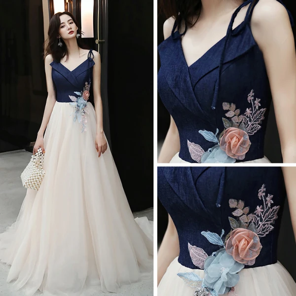 Élégant Bleu Marine Champagne Robe De Soirée 2019 Princesse Bretelles Spaghetti Sans Manches Dos Nu Appliques En Dentelle Fleur Perlage Tribunal Train Volants Robe De Ceremonie