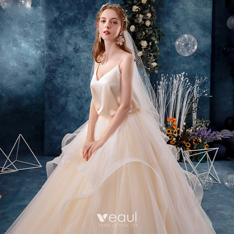 Affordable Champagne Silk Outdoor Garden Wedding Dresses 2019 Ball Gown Spaghetti Straps Sleeveless Backless Floor Length Long Ruffle