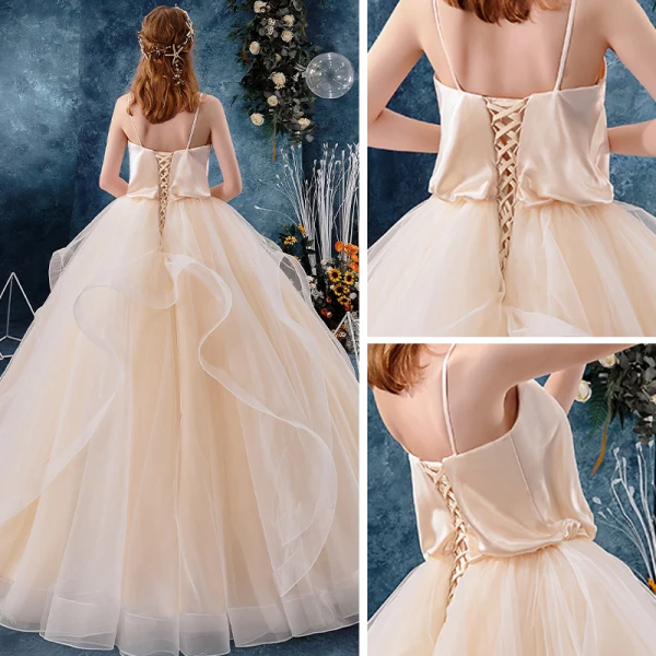Betaalbare Champagne Zijde Tuin / Outdoor Trouwjurken 2019 Baljurk Spaghettibandjes Mouwloos Ruglooze Lange Ruche