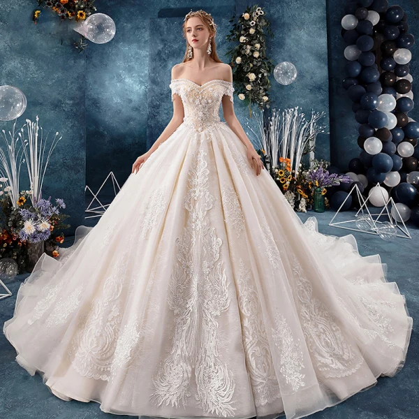 Chic / Beautiful Champagne Wedding Dresses 2019 A-Line / Princess Off-The-Shoulder Short Sleeve Backless Appliques Lace Flower Beading Pearl Cathedral Train Ruffle